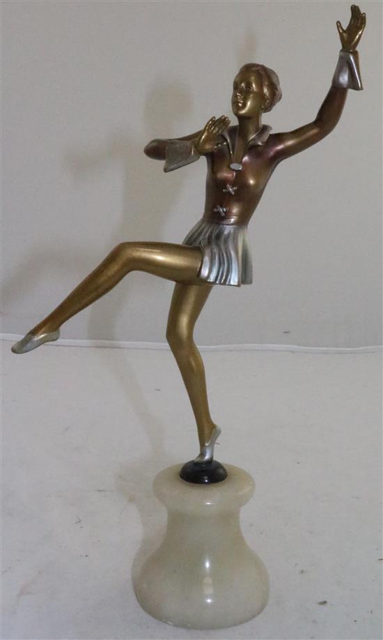 A Lorenzl style patinated bronzed metal possibly spelter figure of a dancing girl, 12in.